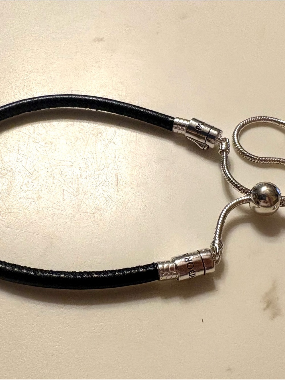 Pandora Black Braided Leather Adjustable Bracelet with Silver Sliding Bolo Clasp - Picture 2 of 7